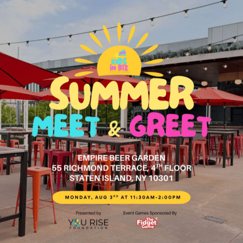 An outdoor beer garden with red umbrellas and tables in the foreground advertises a "Summer Meet & Greet" event with "Kids in Biz" in the background.
