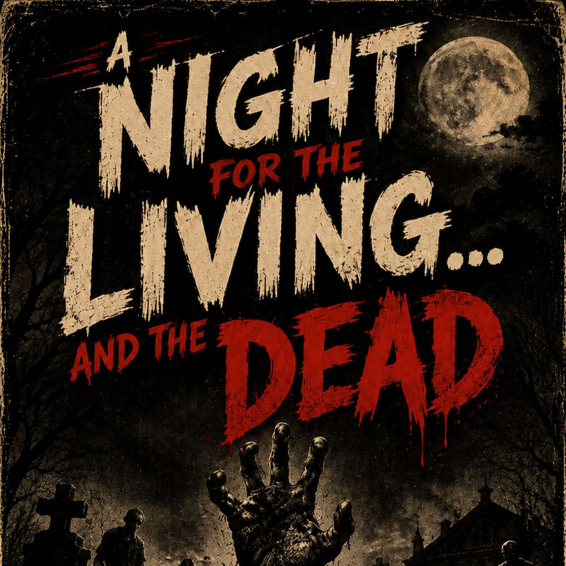 A zombie hand emerges from a graveyard under a full moon, with the title "A Night for the Living... and the Dead" emblazoned above.