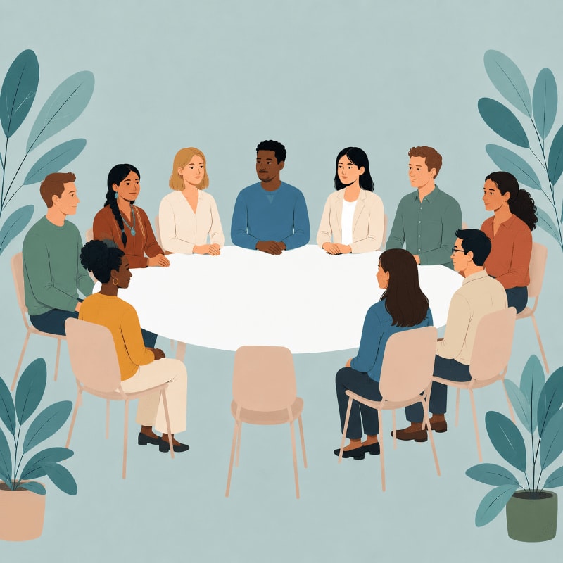A diverse group of people sit around a white table, surrounded by large green plants against a pale blue background.