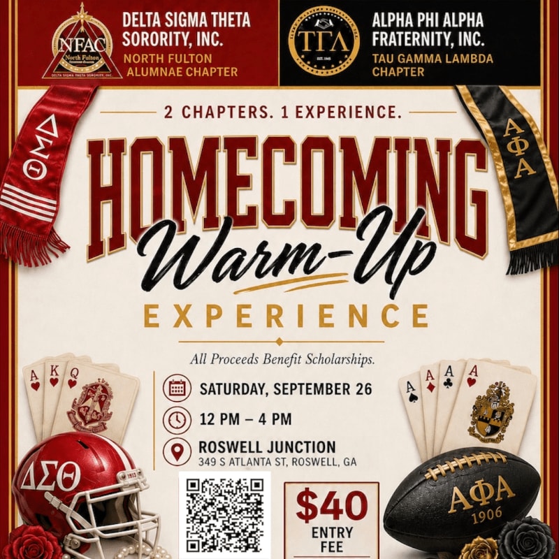 A homecoming warm-up event poster features Greek letters, a football, playing cards, and roses in the foreground, with fraternity and sorority logos and event details in the background.