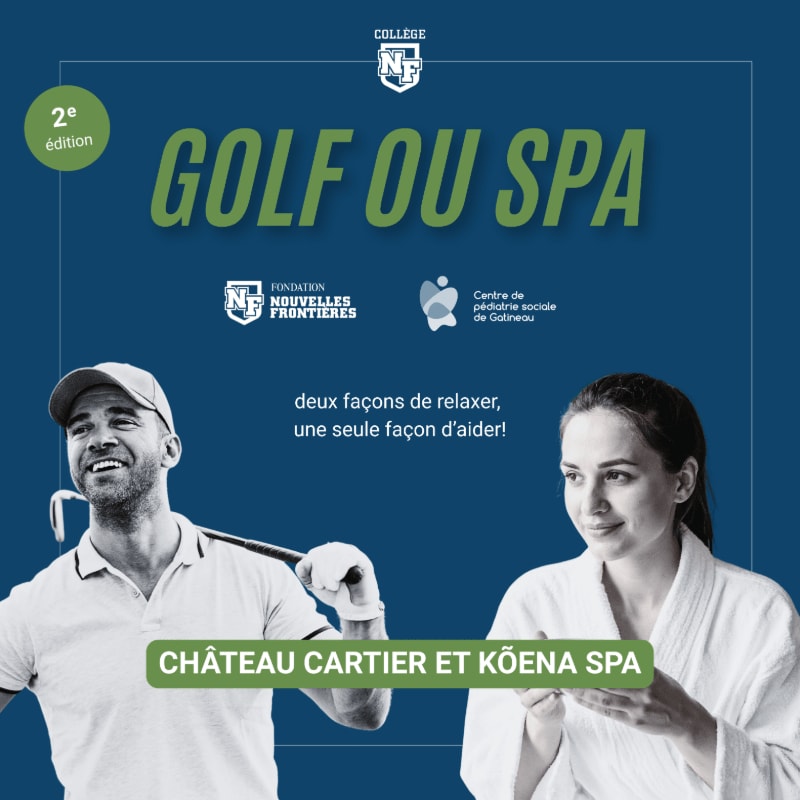 A smiling man in a golf cap holding a club stands in the foreground next to a woman in a white robe, with event details and logos in the background.