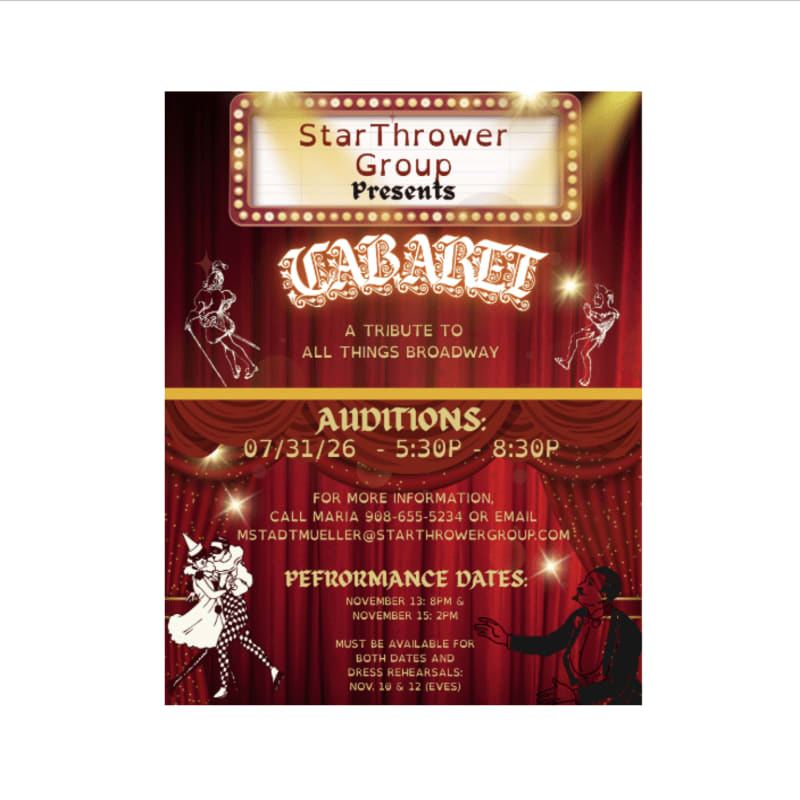 A theatrical poster for "Cabaret" auditions and performances features a spotlighted marquee and red velvet curtains in the background, with silhouetted dancers and performance details in the foreground.