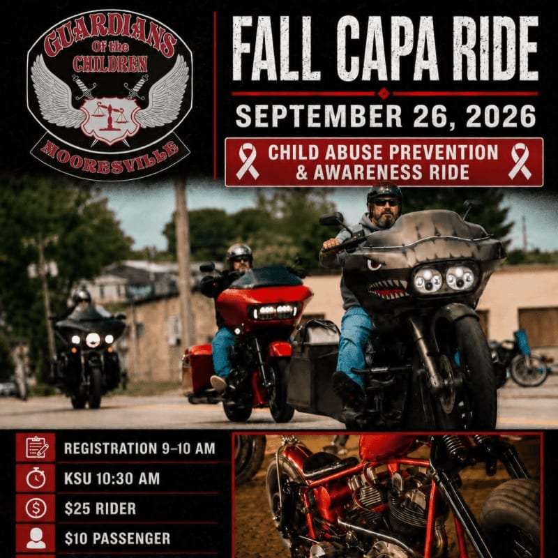 Motorcyclists ride in a parade with event details for the "Fall CAPA Ride" on September 26, 2026, in the background.
