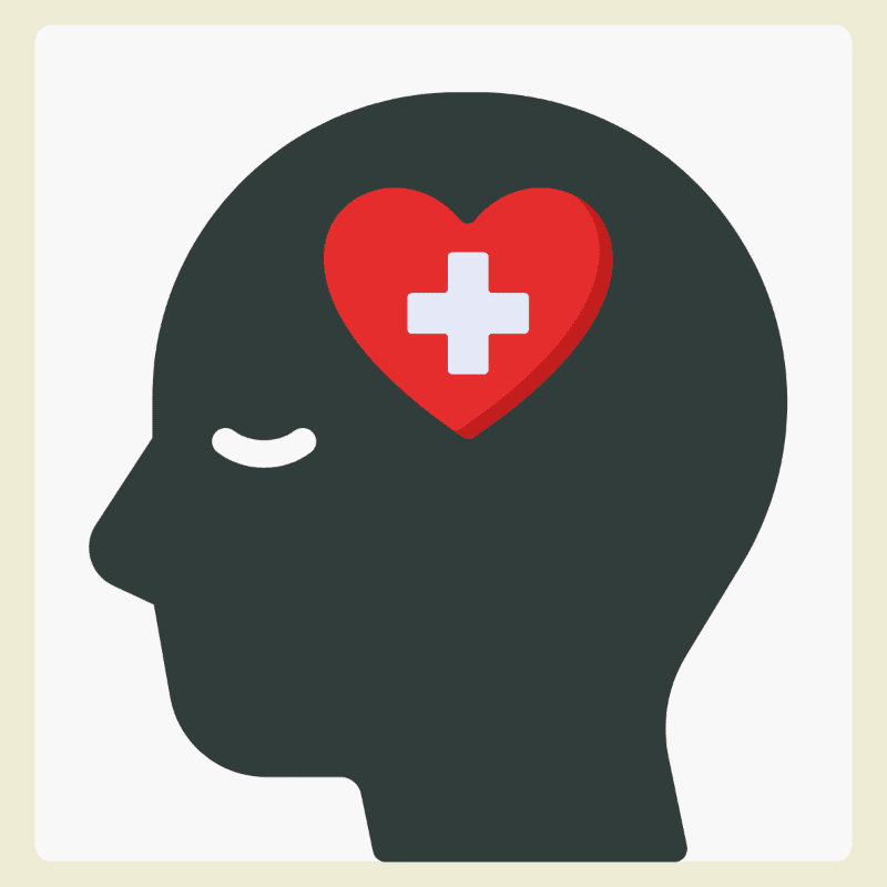 A dark silhouette of a head in profile contains a red heart with a white cross, set against a pale yellow background.