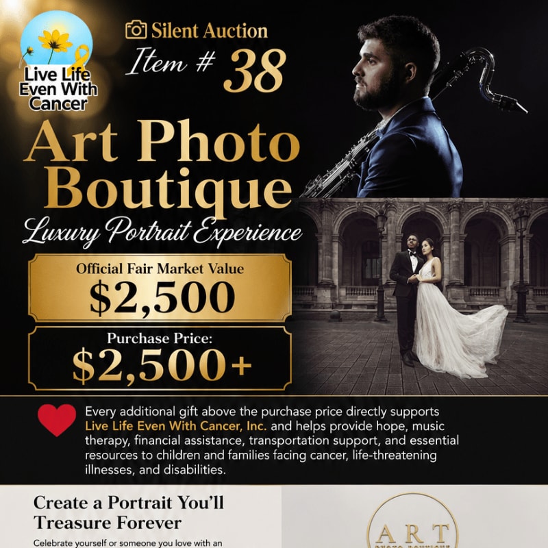 A man plays a saxophone in the background while a couple poses for a portrait in the foreground, all within an advertisement for a silent auction.