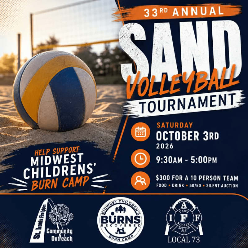 A volleyball rests on sand in the foreground, with a tournament announcement for the 33rd Annual Sand Volleyball Tournament in the background.