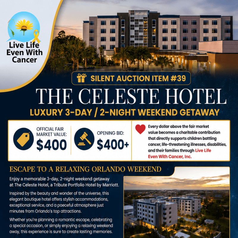A hotel advertisement for a luxury weekend getaway at The Celeste Hotel is displayed with a sunflower logo and text about a silent auction and charitable contribution in the foreground, and a nighttime view of the hotel in the background.