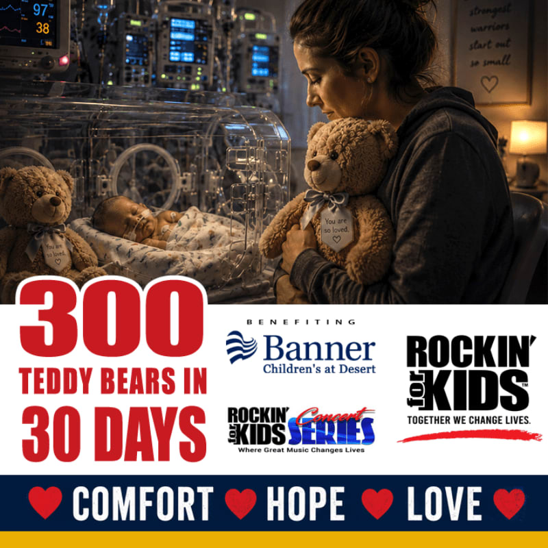 A mother cradles a teddy bear next to an incubator holding a newborn, with medical equipment in the background and text overlaying the image promoting a teddy bear drive.