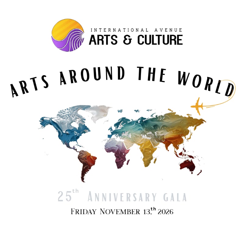 A colorful world map with an airplane flying over it is the central focus, set against a white background with event details below.