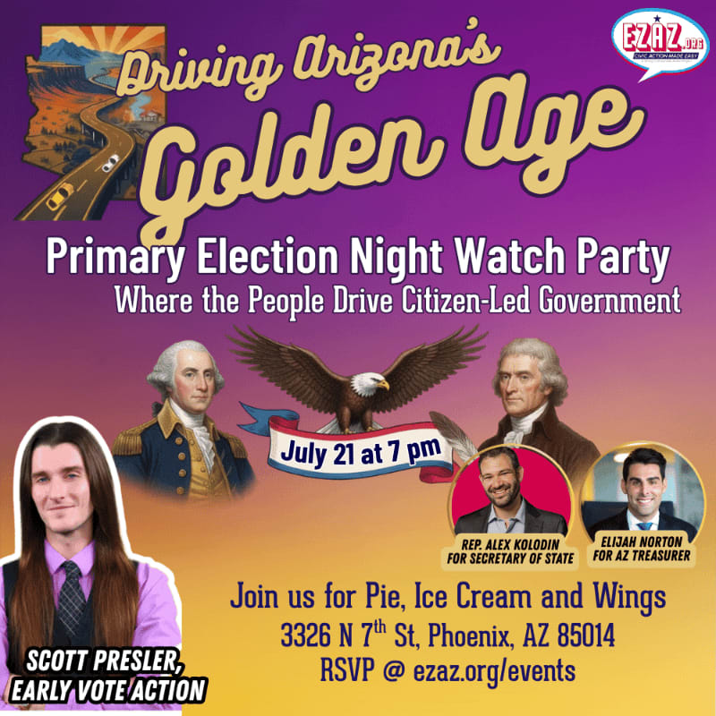 In the foreground, Scott Presler and Elijah Norton are featured alongside historical figures and an eagle, while the background displays a winding road through a desert landscape under a purple sky with the event title "Driving Arizona's Golden Age."