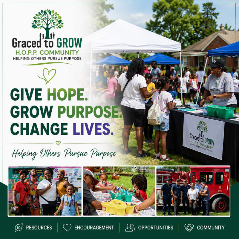 In the foreground, a graphic displays the organization's name and motto, while the background shows a community event with tents and people interacting.