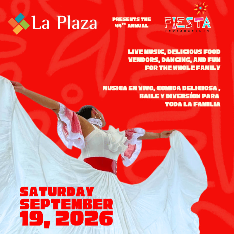 A woman in a white and red dress dances in the foreground against a red background advertising the 44th annual Fiesta Indianapolis on Saturday, September 19, 2026.