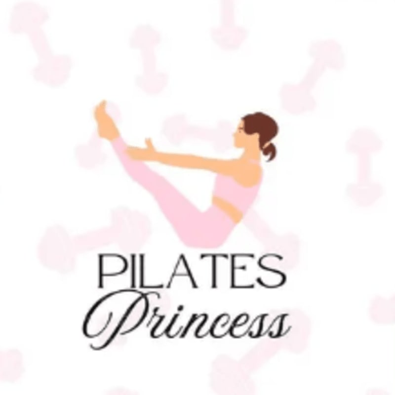 A woman in pink performs a Pilates pose in the foreground, with a repeating pattern of pink dumbbells in the background.
