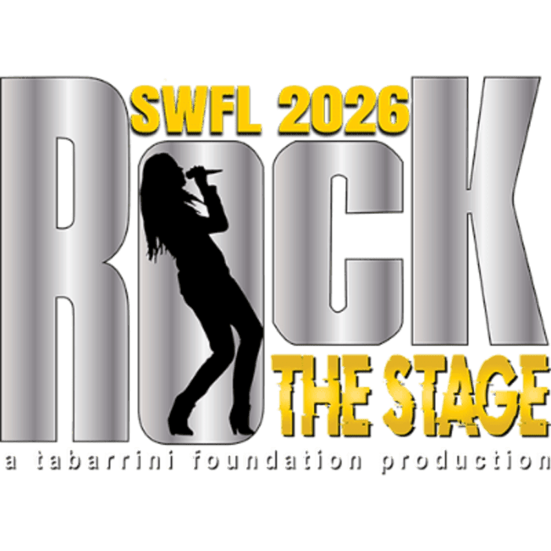A silhouette of a female singer performing is superimposed on large, metallic letters spelling "ROCK" with "SWFL 2026" above and "THE STAGE" below in yellow, all against a white background.