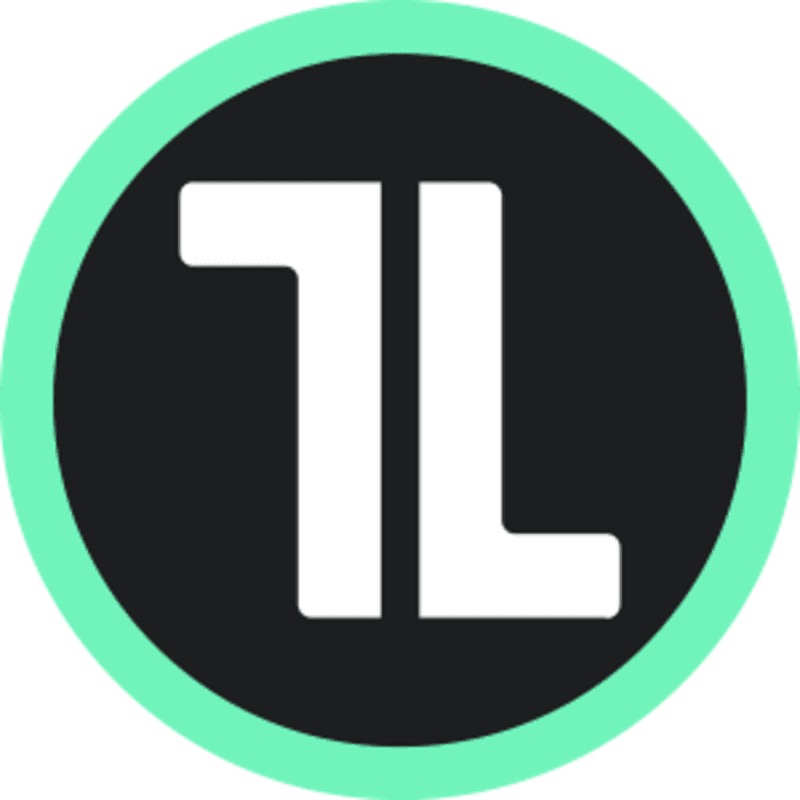 A white abstract symbol resembling a stylized "TL" is centered on a black circular background, which is itself enclosed by a thin, light green ring.