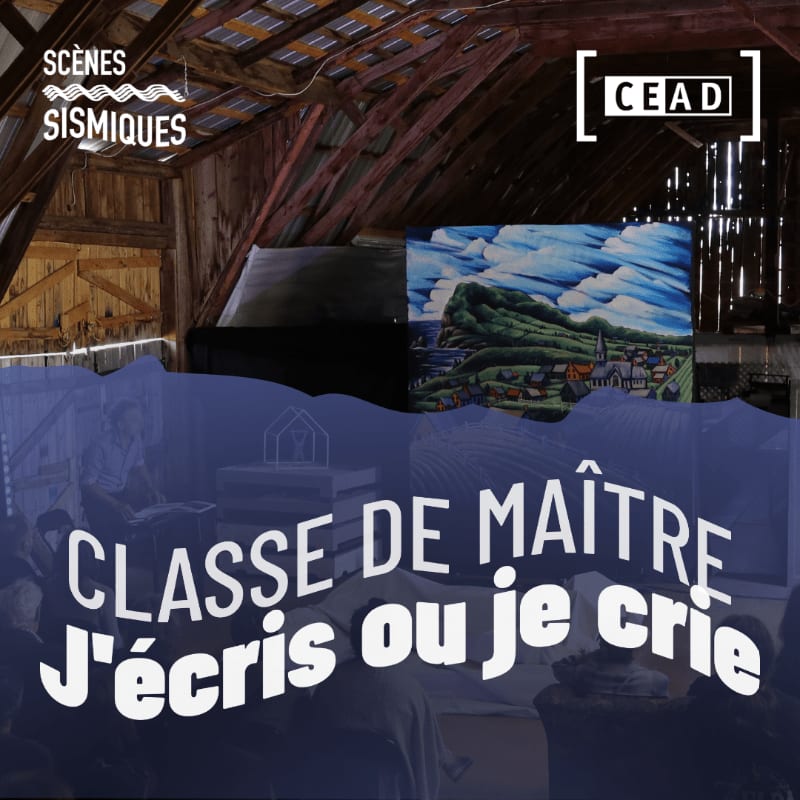A rustic barn interior with a painted backdrop of a village and sky is in the background, while the foreground features a dark, blurry audience with large white text overlaying them.