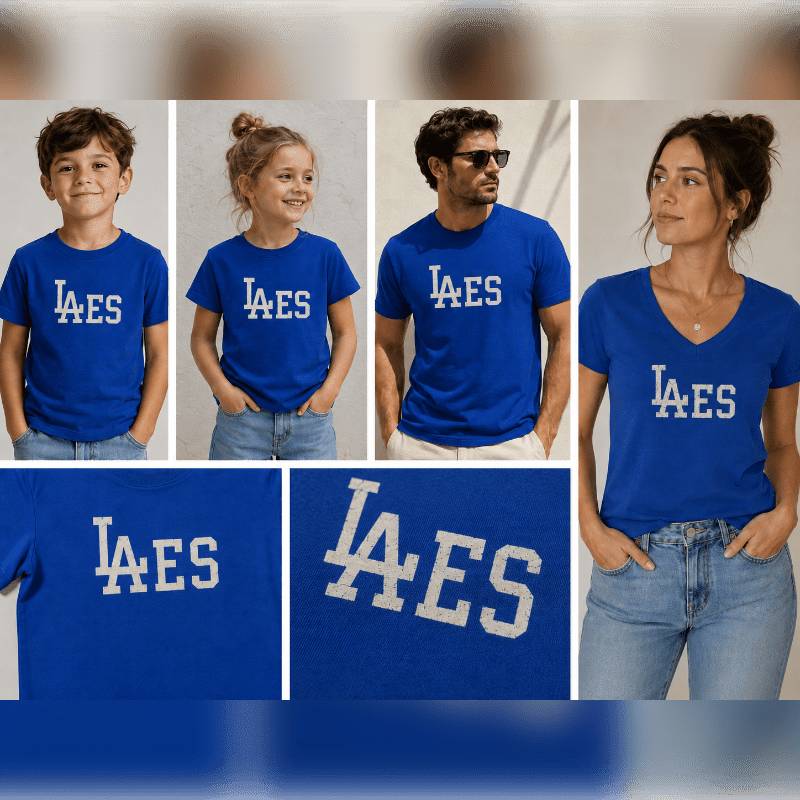 Four people, two children and two adults, are shown wearing blue t-shirts with "LAES" printed on them, with close-ups of the t-shirt design in the foreground.
