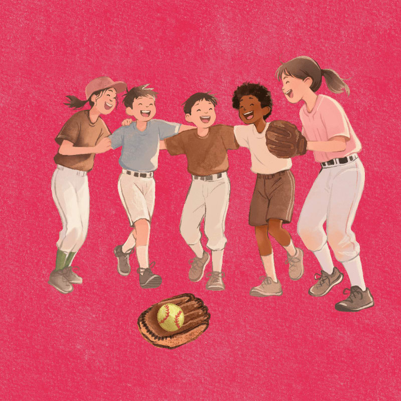 Five smiling children in baseball uniforms huddle together with a baseball glove and ball in the foreground against a textured pink background.