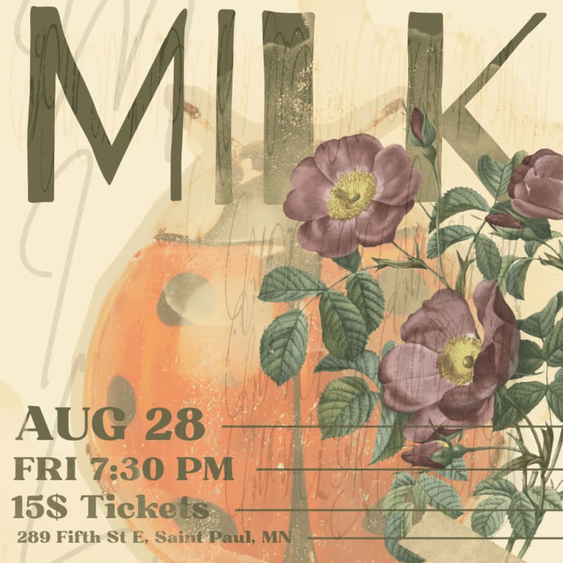 A large orange pumpkin with blooming purple flowers in the foreground is set against a textured, sepia-toned background with the word "MILK" prominently displayed.