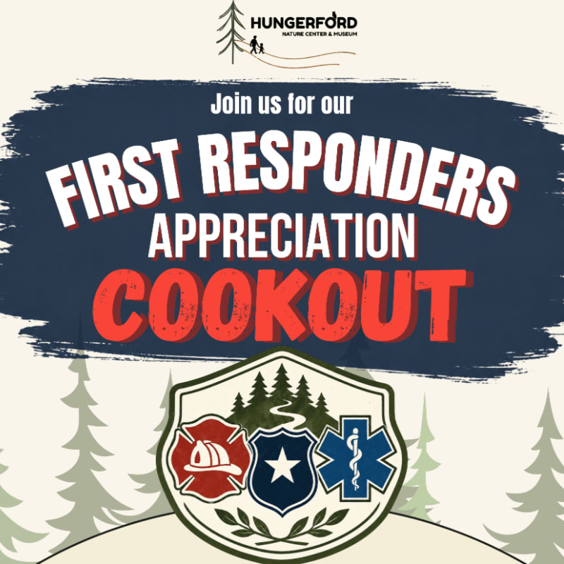 A graphic advertises a "First Responders Appreciation Cookout" with a shield emblem in the foreground and a forest background.