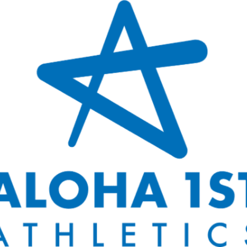 A blue star logo hovers above the words "ALOHA 1ST ATHLETICS" on a white background.