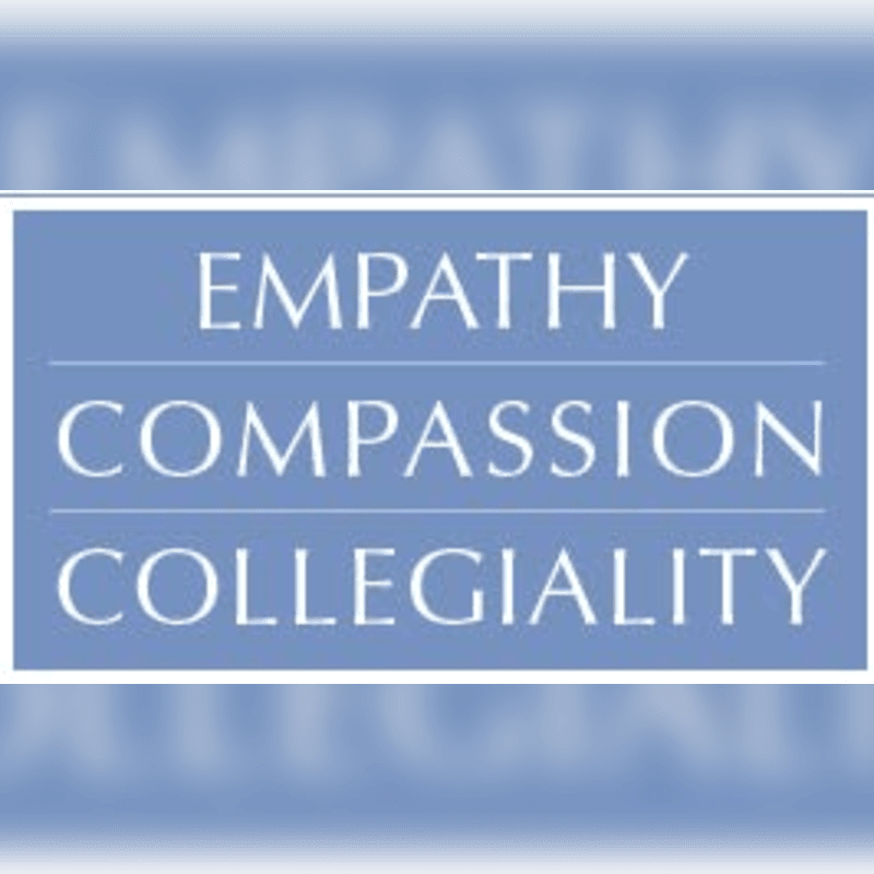 Three words, "EMPATHY," "COMPASSION," and "COLLEGIALITY," are displayed in white text on a blue rectangular background, which is set against a blurred, light blue background.
