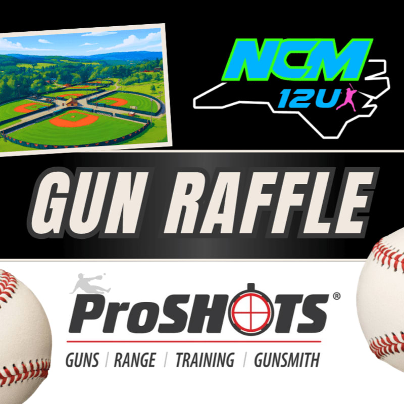 A baseball field with a North Carolina outline logo and "GUN RAFFLE" text are in the background, while a "ProSHOTS" logo and two baseballs are in the foreground.