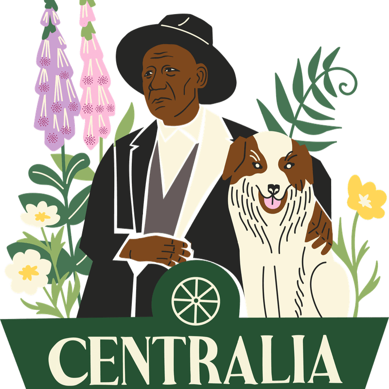 A man in a hat and suit stands with a dog, surrounded by flowers, with the word "CENTRALIA" below.