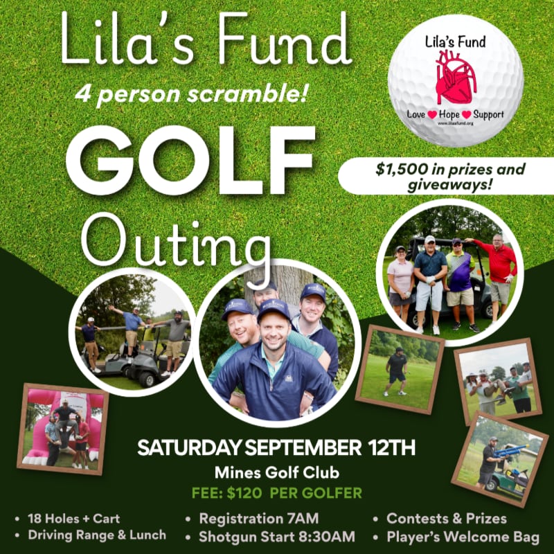 A golf outing flyer with a grassy background features a central image of smiling golfers, surrounded by smaller photos of people playing golf and event details.