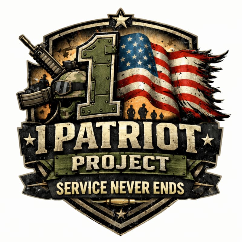 A shield emblem features a rifle and helmet in the foreground, with an American flag and silhouettes of soldiers in the background.