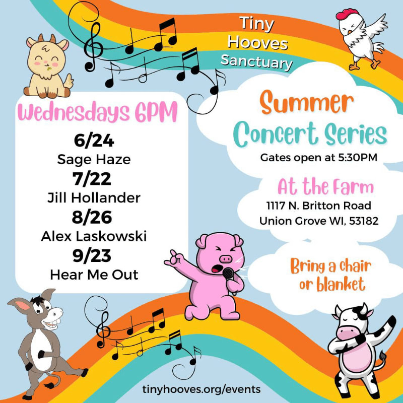 Cute farm animals are featured on a rainbow background, advertising a summer concert series at Tiny Hooves Sanctuary.