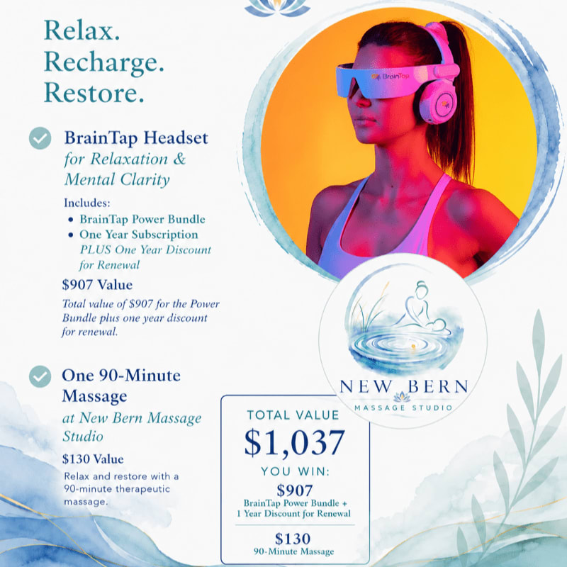 A woman wearing a BrainTap headset is featured in the foreground, with a promotional offer for a massage and the headset in the background.
