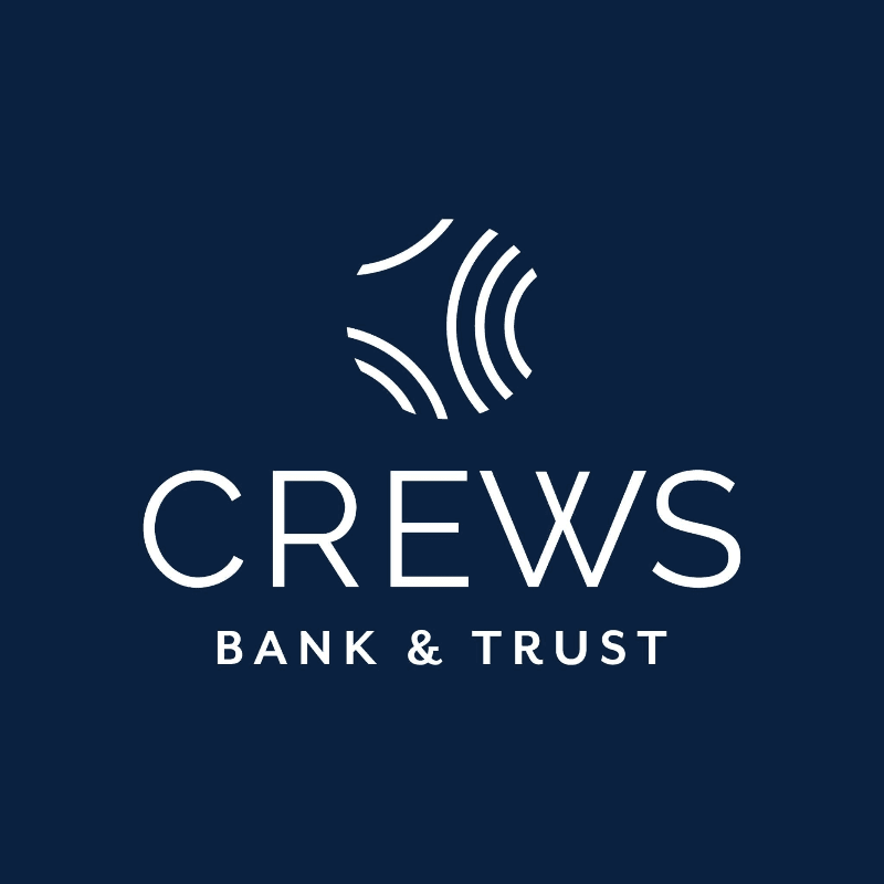 A white abstract circular logo with radiating lines sits above the white text "CREWS BANK & TRUST" on a dark blue background.