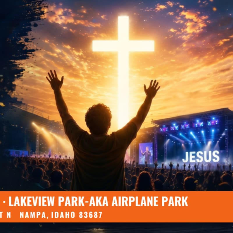 A person with arms raised in worship stands before a glowing cross and a concert stage with the word "JESUS" displayed, set against a dramatic sky.