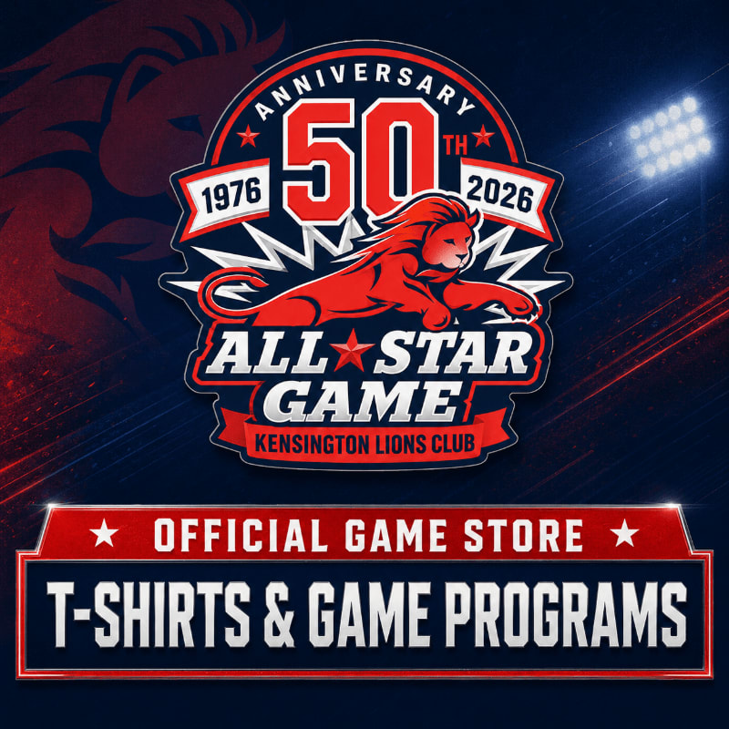A red lion logo with "50th Anniversary 1976-2026 All-Star Game Kensington Lions Club" is displayed above a banner advertising "Official Game Store T-Shirts & Game Programs" with stadium lights in the background.