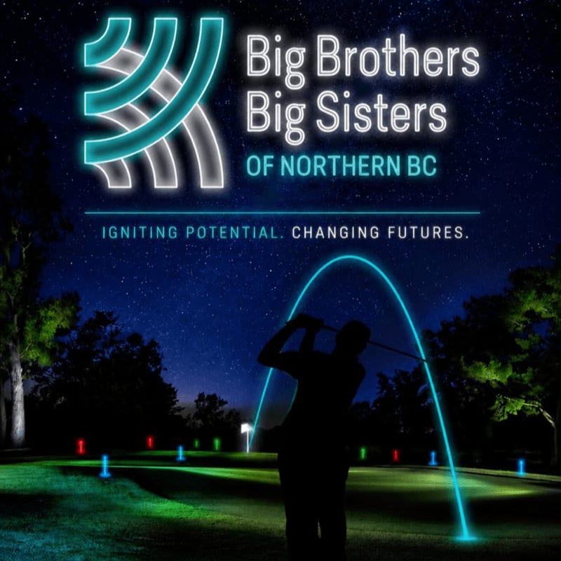 A golfer swings on a neon-lit golf course at night, with the Big Brothers Big Sisters of Northern BC logo and slogan displayed above a starry sky.