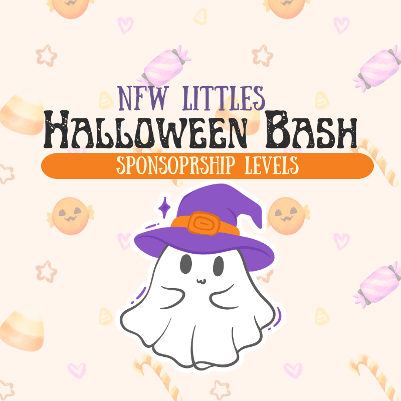 A cute ghost in a witch hat is in the foreground, surrounded by Halloween-themed candy and stars in the background, with text announcing "NFW Littles Halloween Bash Sponsorship Levels."