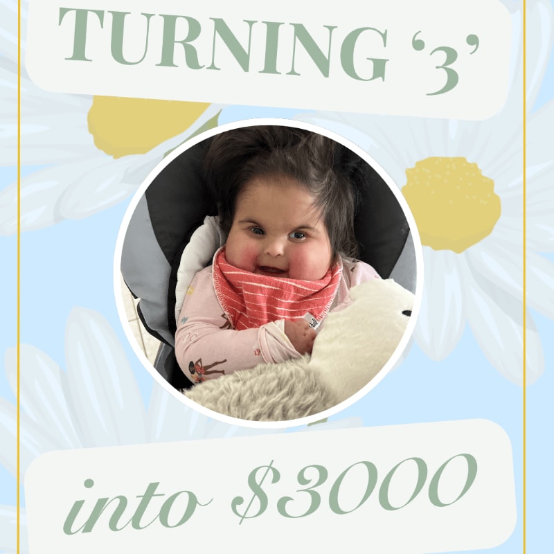 A smiling baby in a car seat is featured in the foreground, with large daisies and text about "turning 3" in the background.