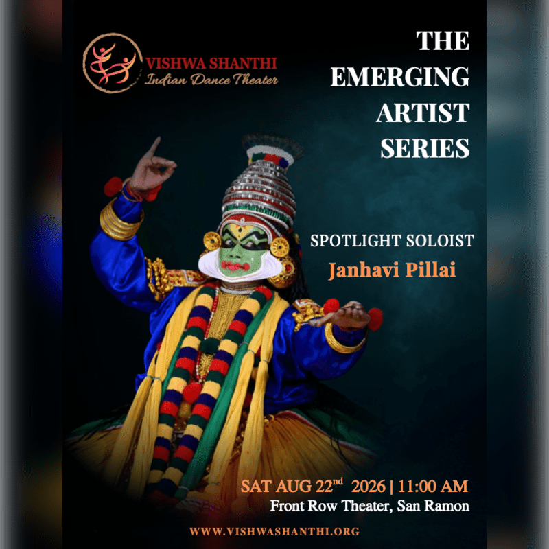 A Kathakali dancer in elaborate costume and makeup is featured in the foreground against a dark, textured background, advertising "The Emerging Artist Series" with event details.