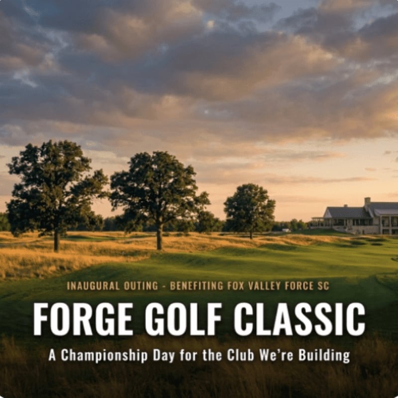 A picturesque golf course with trees in the foreground and a clubhouse in the background is advertised for the Forge Golf Classic.