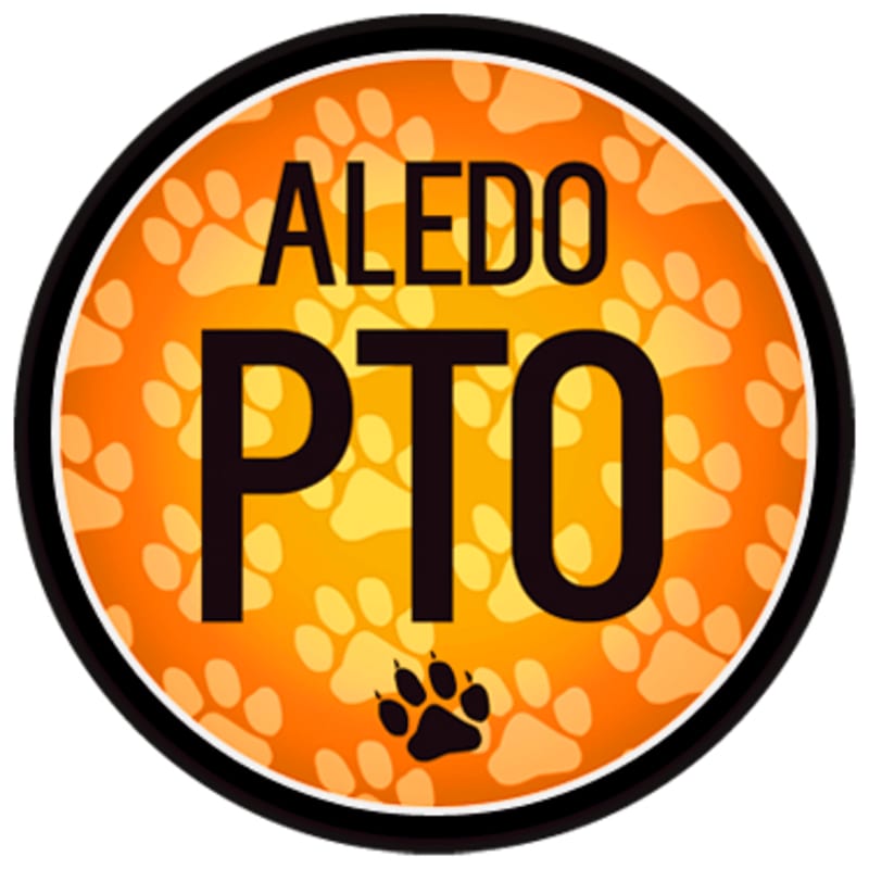 A black paw print is centered on a bright orange background filled with lighter orange paw prints, with the words "ALEDO PTO" in bold black letters above it, all enclosed within a black and orange circular border.