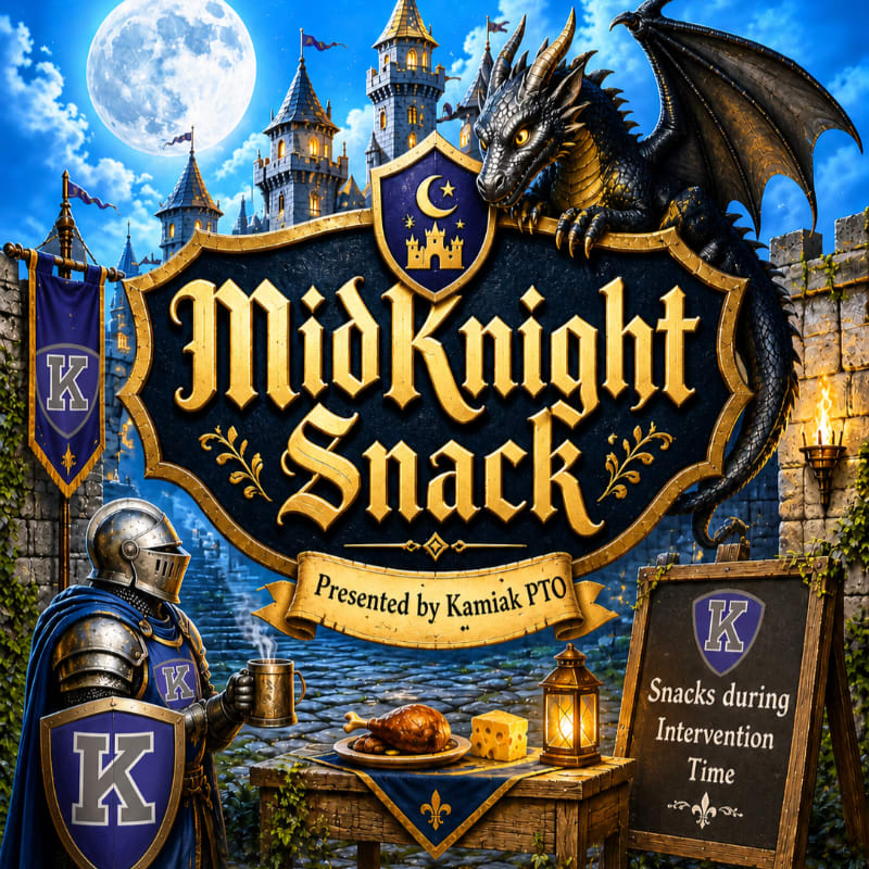 A knight stands with a drink and shield in the foreground, while a dragon perches above a castle in the background, all under a full moon.