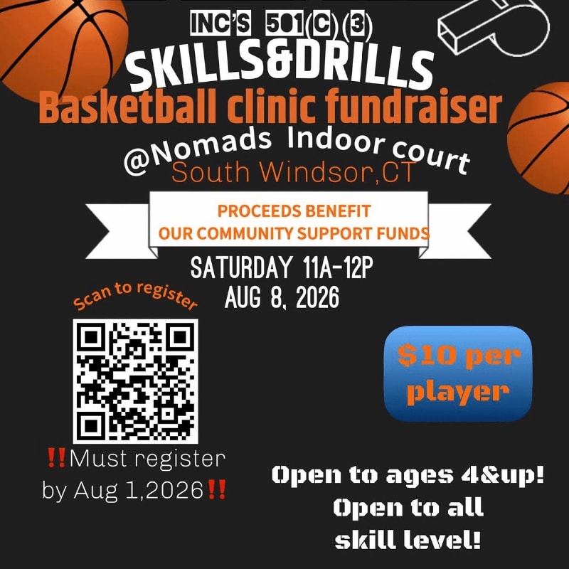 Two basketballs and a whistle are in the upper corners of a dark background advertising a basketball clinic fundraiser with registration details and cost.