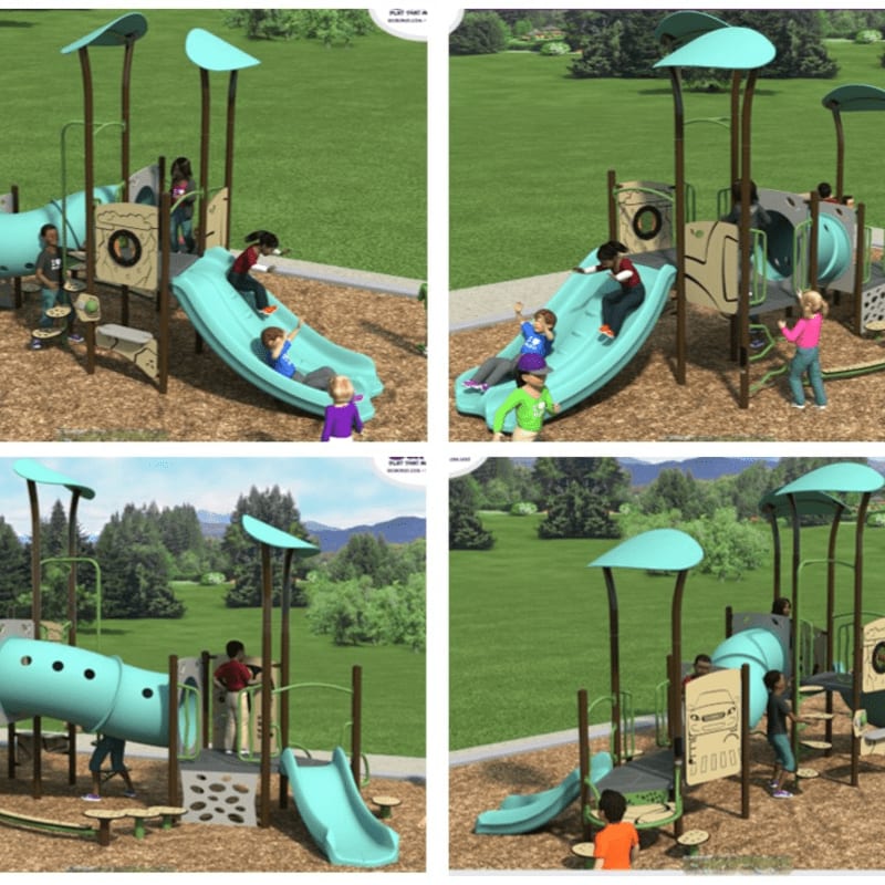 Children play on a colorful playground structure with slides and tunnels, set against a backdrop of green trees and distant mountains.