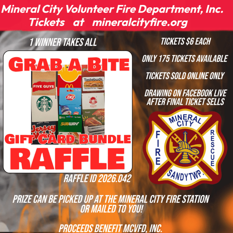 A raffle for a gift card bundle is advertised against a smoky background, with details about tickets and the Mineral City Volunteer Fire Department in the upper and lower sections.