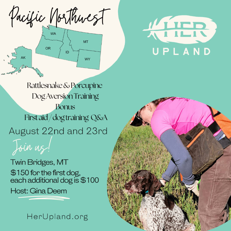 A woman in a pink shirt and a German Shorthaired Pointer are in the foreground, while a map of the Pacific Northwest and event details are in the background.