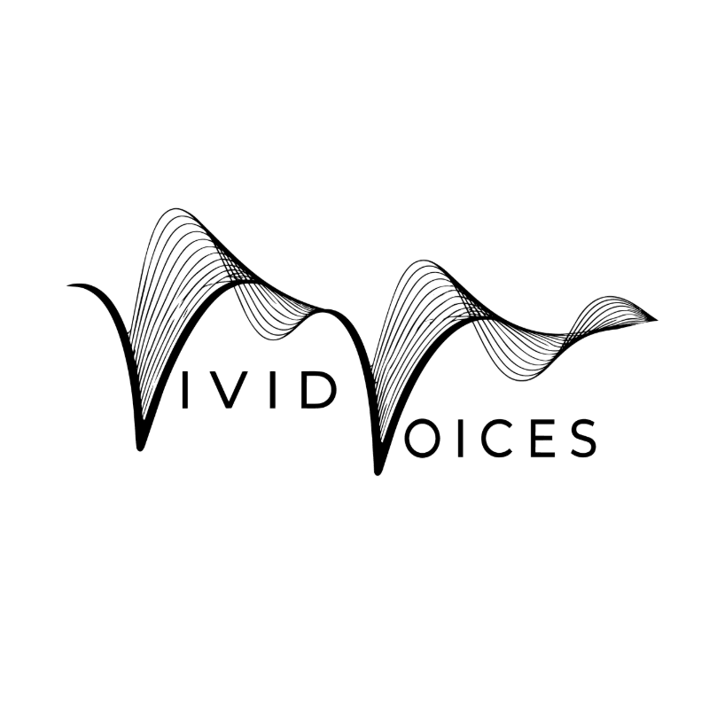 A black and white logo features the words "VIVID VOICES" with a stylized sound wave graphic in the background.
