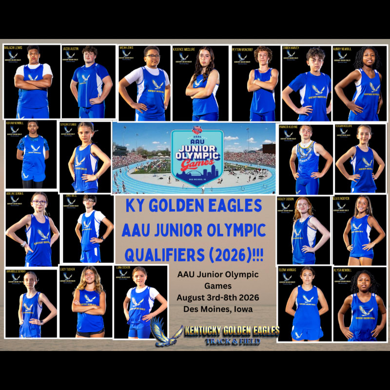 A collage of young athletes in blue track uniforms stands against a background of event details and a stadium aerial view.