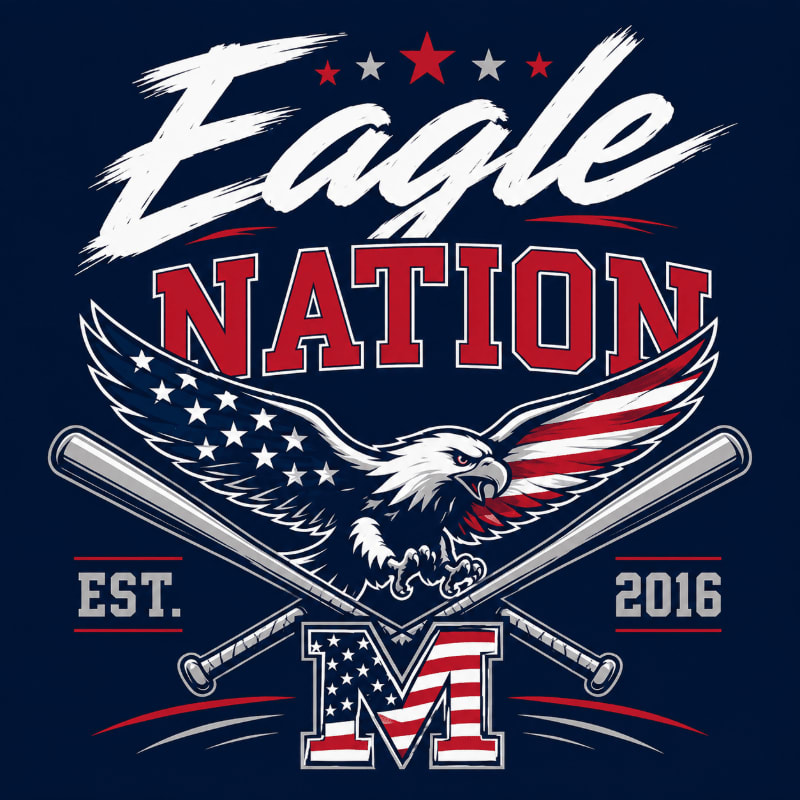 A fierce eagle with American flag wings is superimposed over crossed baseball bats in the foreground, with "Eagle Nation" and stars in bold lettering against a dark blue background in the upper portion.