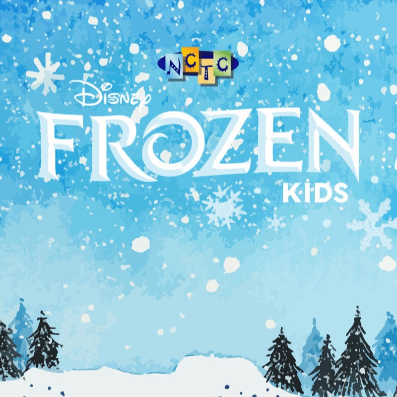 Snow falls on silhouetted pine trees in the foreground, beneath the "Disney Frozen Kids" logo against a bright blue, snowy sky.